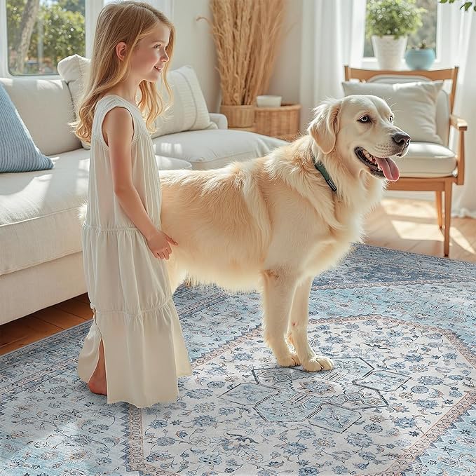 DCX Blue 5x7 Area Rug, Machine Washable Non Slip Stain Resistant Rug, for Living Room, Bedroom, Playroom, Soft Low Pile Large Nursery Carpet