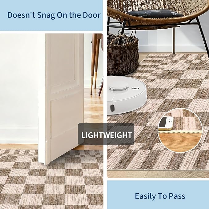 GarveeHome Brown Checkered Rug 6×9 Area Rugs for Living Room,Non-Slip Geometric Tan Brown Print Washable Rug Soft Low-Pile,Neutral Modern Checkerboard Farmhouse Rugs for Bedroom Dining Room