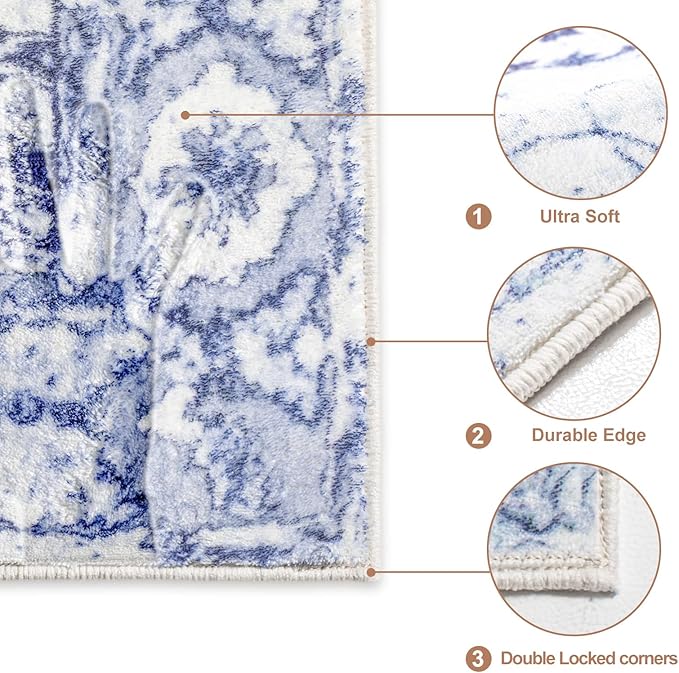 Area Rug 8x10 - Vintage Floral Honeycomb Non Slip Backing Carpet - Blue Softer Thicker Faux Wool Rug - Lightweight Machine Washable Rugs for Living Room Bedroom Dining Room Home Office