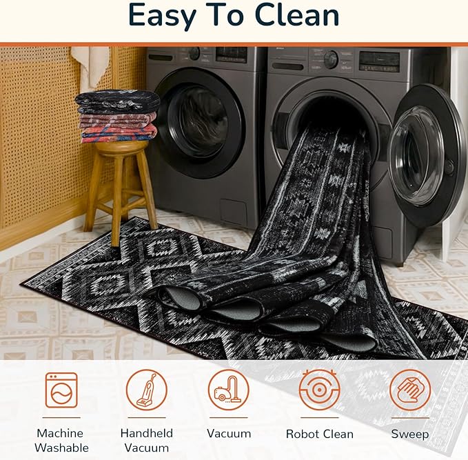 Area Rug 5x7 Rug Machine Washable Non-Slip Low Pile Print Pattern Western Rug for Living Room Bedroom Entryway Tribal Series -Black