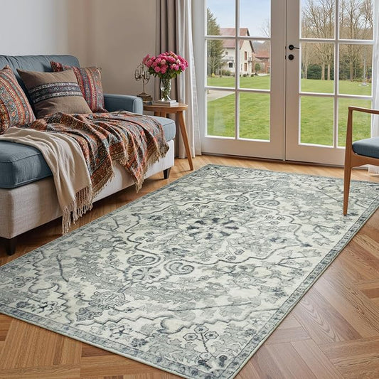 Lahome Area Rug 4x6 Bohemian Vintage Washable Boho Rugs for Bedroom Aesthetic, Beige Rugs for Living Room, Floral Medallion Soft Non-Slip Non-Shedding Faux Wool Rug for Entryway Kitchen Dining Table