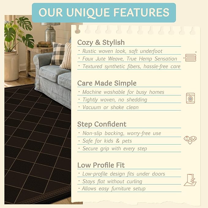 Dark Brown Diamond Checkered Easy Jute Rug 4x6, Non-Shedding Stain Resistant Checkerboard Area Rug, Low Pile Indoor Outdoor Carpet for Entryway, Living Room, Porch & Office，Mid-Century Modern Style