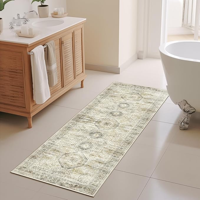2x5 Rug Runner Washable for Entryway, Soft Bathroom Rugs with Non-Slop Backing, Abstract Low Pile Hallway Runner, Vintage Small Kitchen Carpet for Stair, Laundry Room(2'x5', Grey/Yellow)