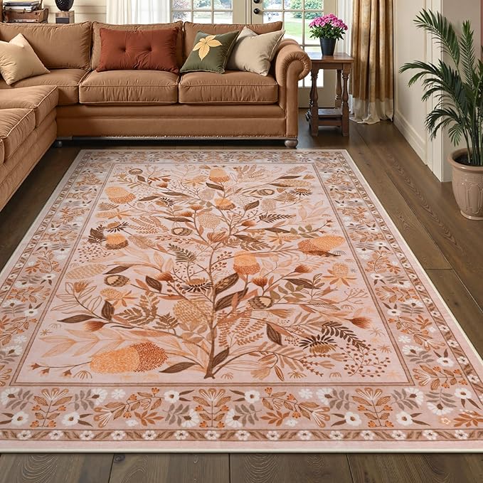 Anidaroel Machine Washable Rugs for Living Room 5x7, Brown Botanical Large Area Rug, Stain Resistant Dining Room Rugs for Under Table, Non Slip Soft Bedroom Rug Indoor Carpet for Dorm