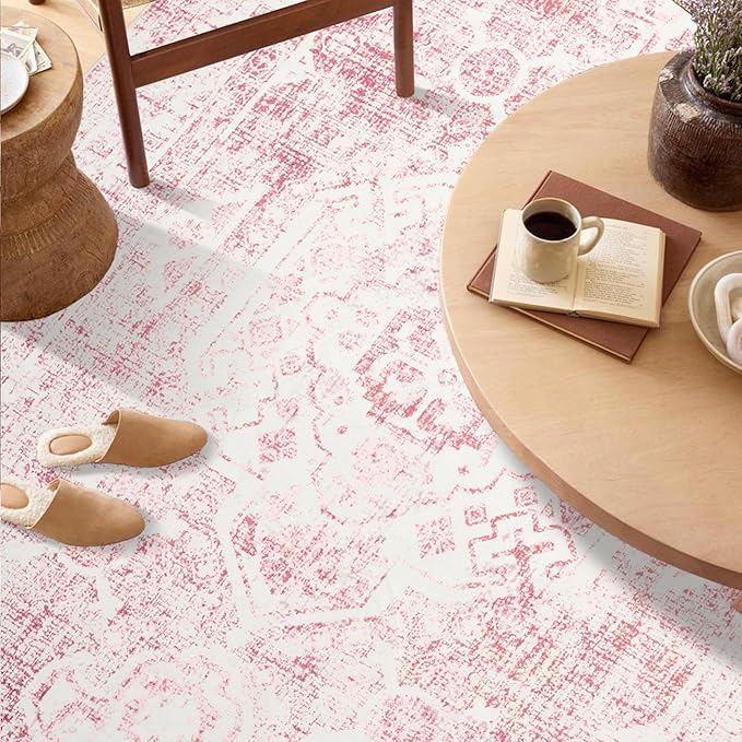Area Rug - 3x5 Washable Pink Rug Honeycomb Non Slip Retro Rugs Soft Faux Wool Carpet Foldable & Machine Washable Rugs for Living Room Bedroom Dining Room Kitchen