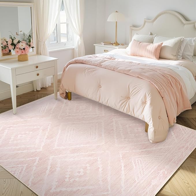 Area Rug 6x9 Rug Machine Washable Non-Slip Low Pile Print Pattern Western Rug for Living Room Bedroom Entryway Tribal Series -Light Pink/Cream