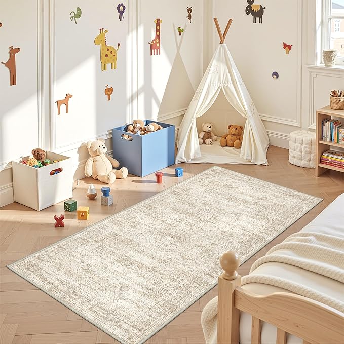 3x6 Runner Rug Non Slip, Thin Entryway Washable Rug for Entryway, Runners for Hallways, Low Pile Vintage Abstract Soft Rugs for Living Room, Kitchen, Bedroom(3'x6', Beige/Ivory')