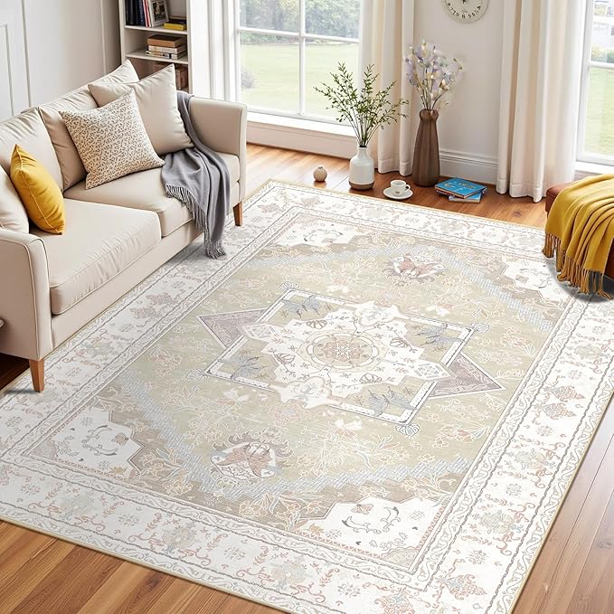Area Rugs 5x7, Washable Rugs for Living Room, Non-Slip Rug, Boho Medallion Rug, Distressed Carpet, Low Pile Boho Rugs for Bedroom Dining Room
