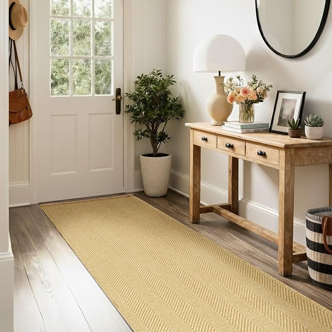 BESTSWEETIE 2x6 Washable Rug Hand-Woven Low Pile Soft Modern Farmhouse Bohemian Decor Reversible Braided Rugs with Tassels Throw Carpet for Living Room Bedroom Entryway Bathroom, Natural Jute