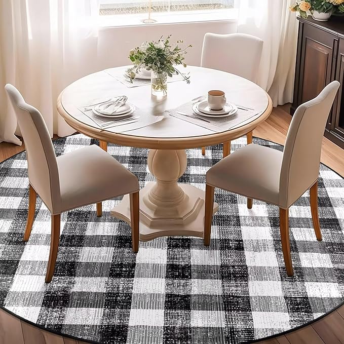 COLORPAPA Checkered Area Rug 5 Ft, Washable Round Rugs for Living Room, Modern Neutral Non Slip Indoor Carpet for Bedroom Office Patio Dining Room (Black and White)