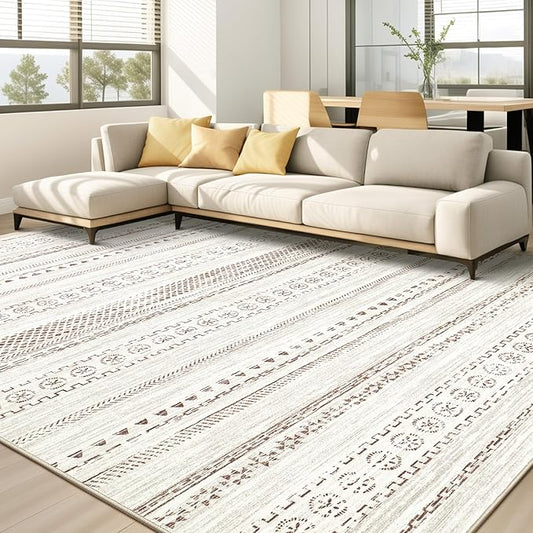 Area Rug Living Room Rugs - 9x12 Washable Boho Farmhouse Bohemian Neutral Large Moroccan Geometric Soft No Slip Indoor Thin Floor Carpet for Bedroom Under Dining Table Home Office - Brown