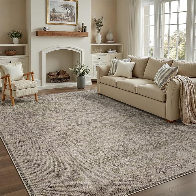DCX Living Room Rugs 5x7, Non Slip Area Rugs for Bedroom, Dining Room, Home Office, Farmhouse Distressed Stain Resistant Rugs Low Pile Soft Large Vintage Carpet, Greige& Dark Green