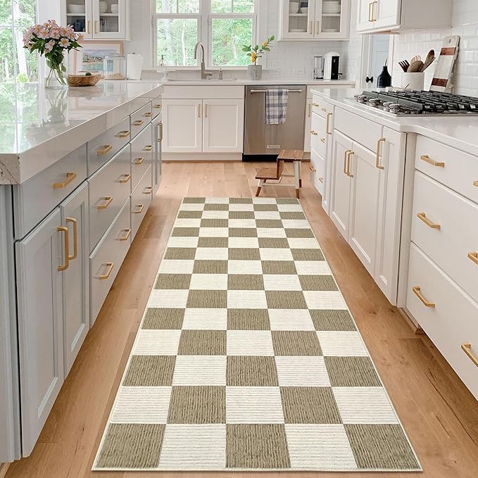 GarveeHome 2x6 Kitchen Runner Rug Non Slip Washable Area Rug for Front Door, Entryway, Hallway, Distressed Checkered Mat Low Pile Neutral Area Rug Stain Resistant Farmhouse Rugs Beige and Brown Rug