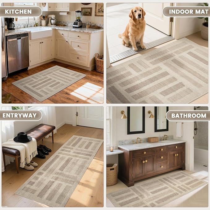 Washable Area Rugs, 8x10ft Soft Rug for Living Room and Bedroom Vintage Striped Rug Stain Resistant with Non Slip Backing Geometric Checkered Foldable Print Mat for Home Decor