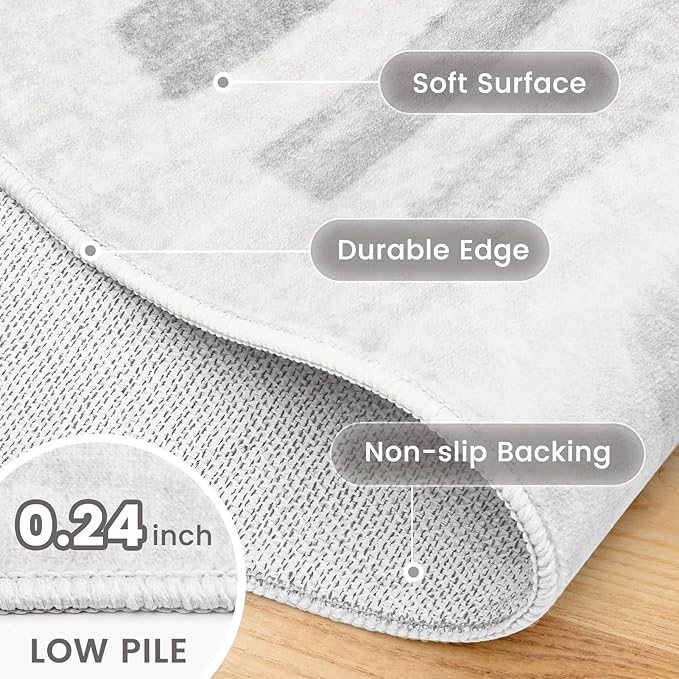 Washable Area Rugs,8x10ft Soft Rug for Living Room and Bedroom Vintage Striped Rug Stain Resistant with Non Slip Backing Geometric Checkered Foldable Print Mat for Home Decor