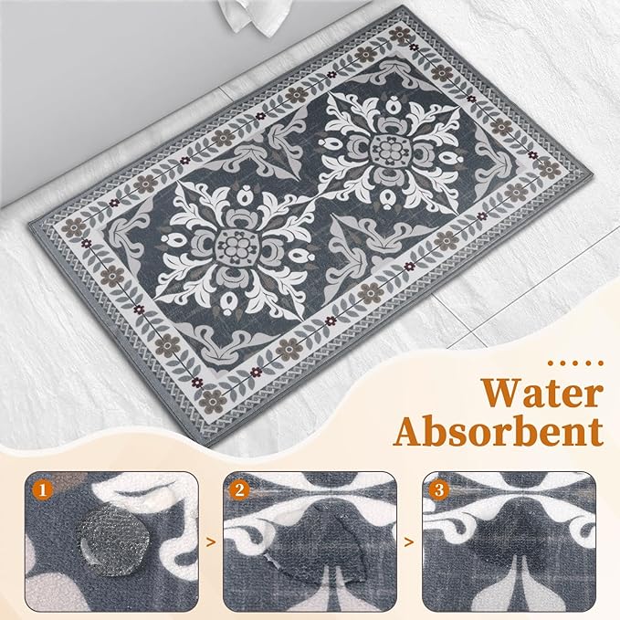 3-Piece Kitchen Rugs, Non-Slip & Washable Floor Mats, Water-Absorbent Area Pad, Standing Desk Mat for Office, Home, Doorway, Laundry, Kitchen Accessories (Grey)
