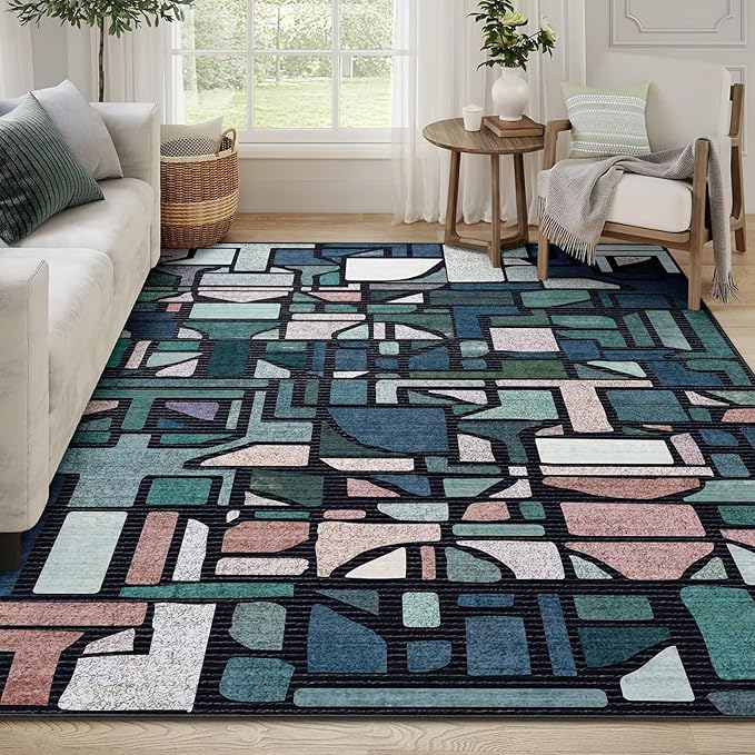 DEXDE 5x7 Area Rug, Vintage Checkered Abstract Rugs for Living Room, Non Slip Washable Large Low Pile Soft Modern Floor Carpet for Dining Room Bedroom Kitchen Office Nursery Playroom, Blue