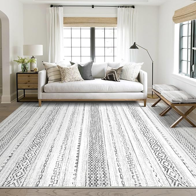 Area Rug Living Room Rugs - 5X7 Washable Boho Farmhouse Bohemian Neutral Large Moroccan Geometric Soft No Slip Indoor Thin Floor Carpet for Bedroom Under Dining Table -Square Grey