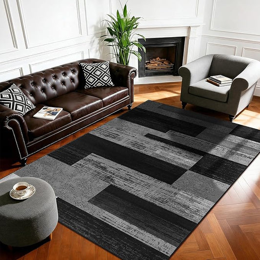 3x5 Washable Area Rugs for Living Room and Bedroom, Vintage Checkered Pattern Non-Slip Carpet, Stain Resistant Low Pile Soft Rug for Dining Room,Office,Nursery,Kids Room(3x5,Gray)