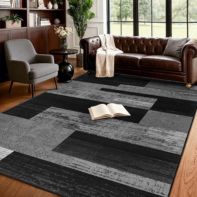 5x7 Washable Area Rugs for Living Room and Bedroom, Vintage Checkered Pattern Non-Slip Carpet, Stain Resistant Low Pile Soft Rug for Dining Room,Office,Nursery,Kids Room(5x7,Gray)