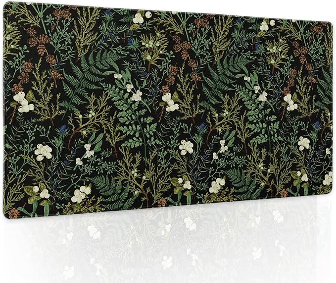 Black Aesthetic Vintage Botanical Gaming Mouse Pad Large XL Cute Forest Green Plant Nature Floral Extended Large Big Mousepad Non-Slip Stitched Edge Long Mat for Desk Computer,24x14 Inch,60x35 CM
