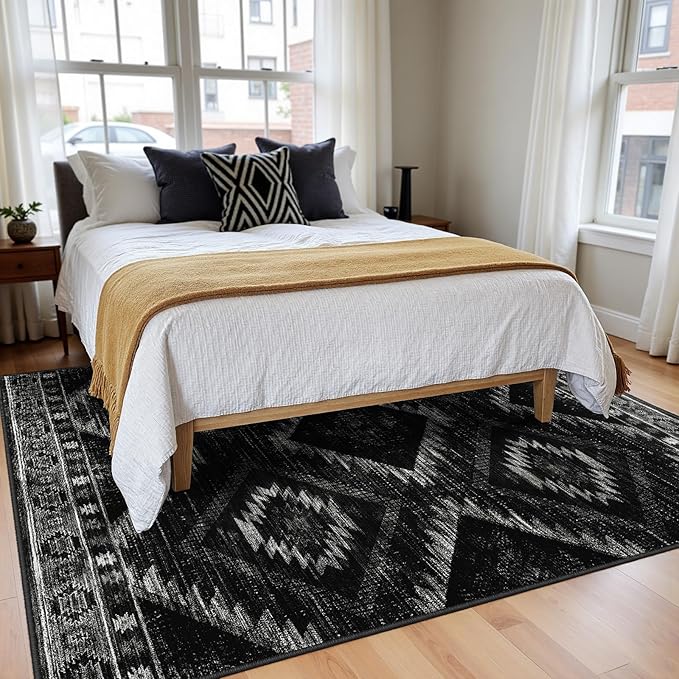 Area Rug 5x7 Rug Machine Washable Non-Slip Low Pile Print Pattern Western Rug for Living Room Bedroom Entryway Tribal Series -Black