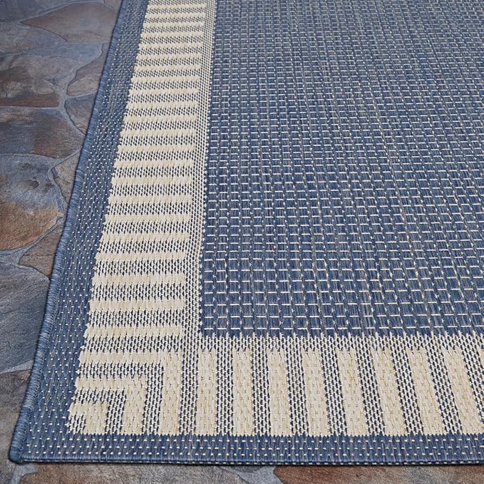 Couristan Recife Indoor Outdoor Rug - Wicker Stitch 8'6" x 13' Rectangle in Ivory and Blue, Hose Washable, Low Pile, Pet- Kid Friendly Home Decor for Living Room, Patio Furniture Set, Kitchen