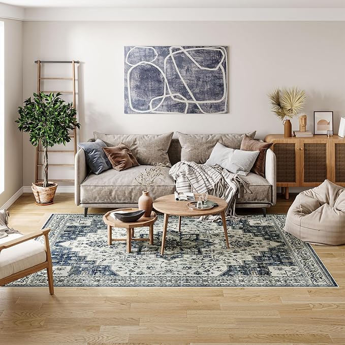 Dripex 9x12 Area Rugs - Stain Resistant Washable Rug Distressed Rugs for Living Room Dining Room Bedroom Anti-Slip Low-Pile and Soft Accent Rug Farmhouse Office Home Decor, Pet & Child Friendly