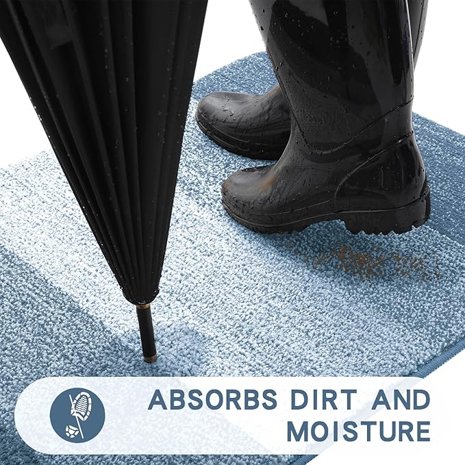Kitinjoy Indoor Outdoor Door Mat, 47x20 Non-Slip Absorbent Dirt Trapper, Low-Profile Washable Inside Entrance Front Floor Mat, Sturdy Soft Entry Doormats for Entryway, Light Blue