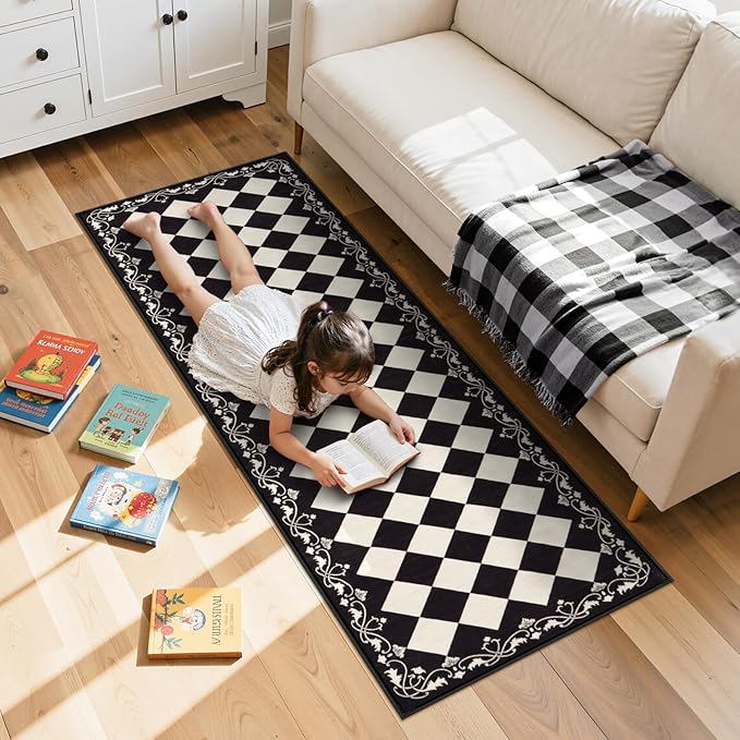 Checkered Kitchen Runner Rug 2x6 Vintage Modern Washable Runners for Hallways Non Slip Low Pile, Moroccan Framhouse Bathroom Runner Fall Brown Print Entryway Laundry Besides Home Decor