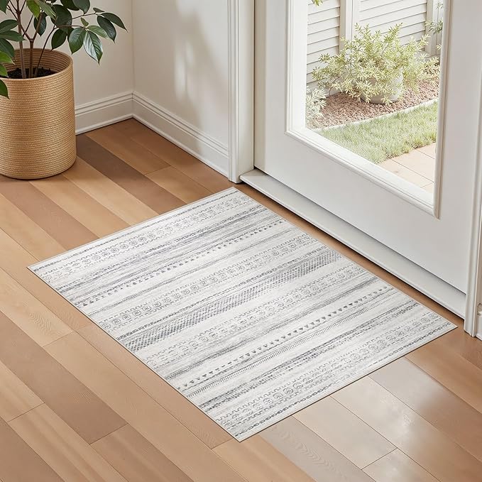 Area Rug Living Room Rugs - 2X3 Washable Boho Farmhouse Bohemian Neutral Large Moroccan Geometric Soft No Slip Indoor Thin Floor Carpet for Bedroom Under Dining Table Home Office - Grey