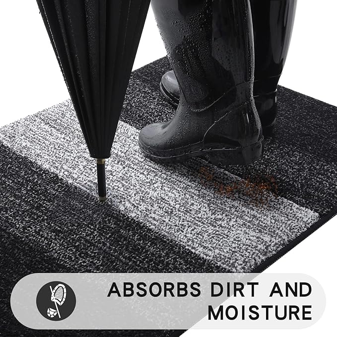 Kitinjoy Indoor Outdoor Door Mat, 47x17 Non-Slip Absorbent Dirt Trapper, Low-Profile Washable Inside Entrance Front Floor Mat, Sturdy Soft Entry Doormats for Entryway, Black
