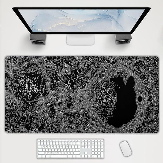 Black Whtie Topographic Gaming Mouse Pad 3XL Topo Moon Relief Map Extended Large Mat Mousepad Desk Pad Non-Slip Rubber Base Stitched Edge Long Mousepad for Desktop Office Desk, 47.2x23.6 in,120x60cm