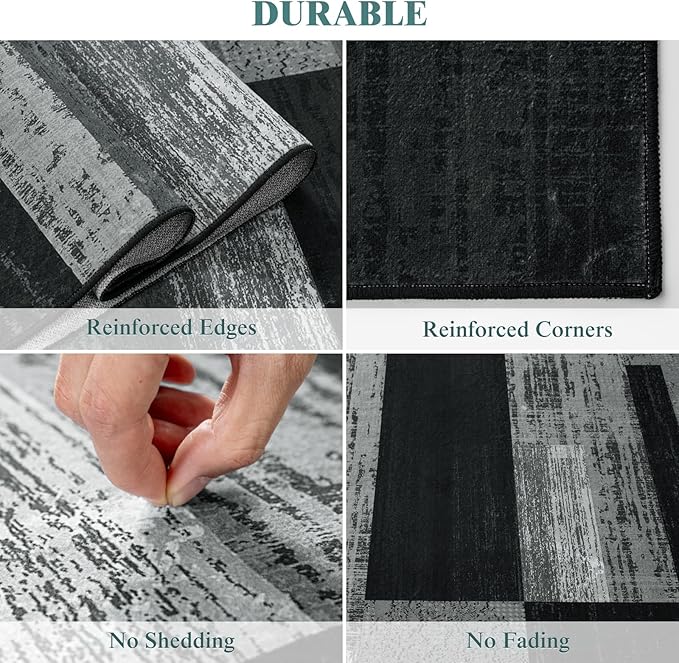 5x7 Washable Area Rugs for Living Room and Bedroom, Vintage Checkered Pattern Non-Slip Carpet, Stain Resistant Low Pile Soft Rug for Dining Room,Office,Nursery,Kids Room(5x7,Gray)