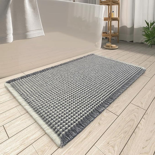 Upgraded Waffle Bath Mat, Super Absorbent Non Slip Bath Mats for Bathroom Floor, Machine Washable Bathroom Rugs with Tassels, Rubber Backed Bathroom Mats, Ultra Soft, 17" x 24",DarkGrey & Cream