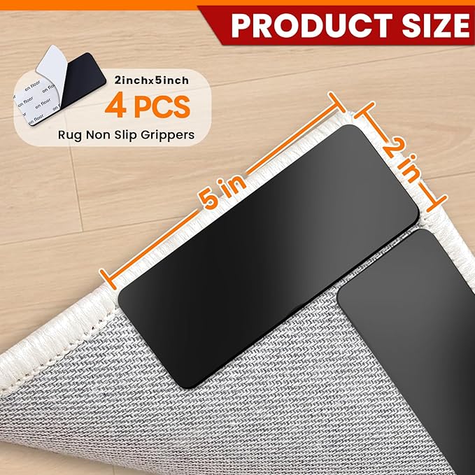 Rug Non Slip Grippers, 2 x 5 Inch Reusable Carpet Grippers Rug Tape Pads for Hardwood Floors and Tiles, Removable and No Residue on Floor (4)