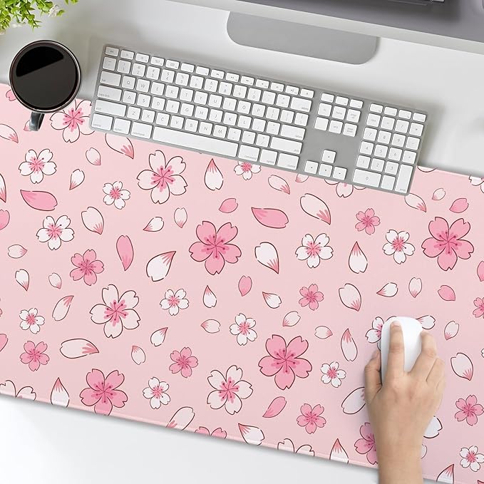 Pink Cherry Blossom Gaming Mouse Pad Extended 3XL Cute Anime Aesthetics Floral Kawaii Flower Large Mousepad Non-Slip Rubber Base Stitched Edge Long Keyboard Desk Mat for Computer,47.2x23.6 In,120x60cm