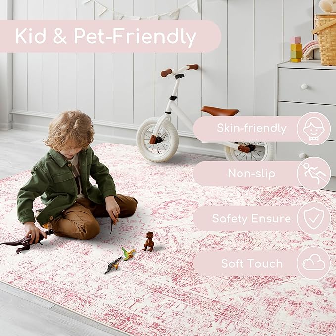 Area Rug - 6x9 Washable Pink Rug Honeycomb Non Slip Retro Rugs Soft Faux Wool Carpet Foldable & Machine Washable Rugs for Living Room Bedroom Dining Room Kitchen