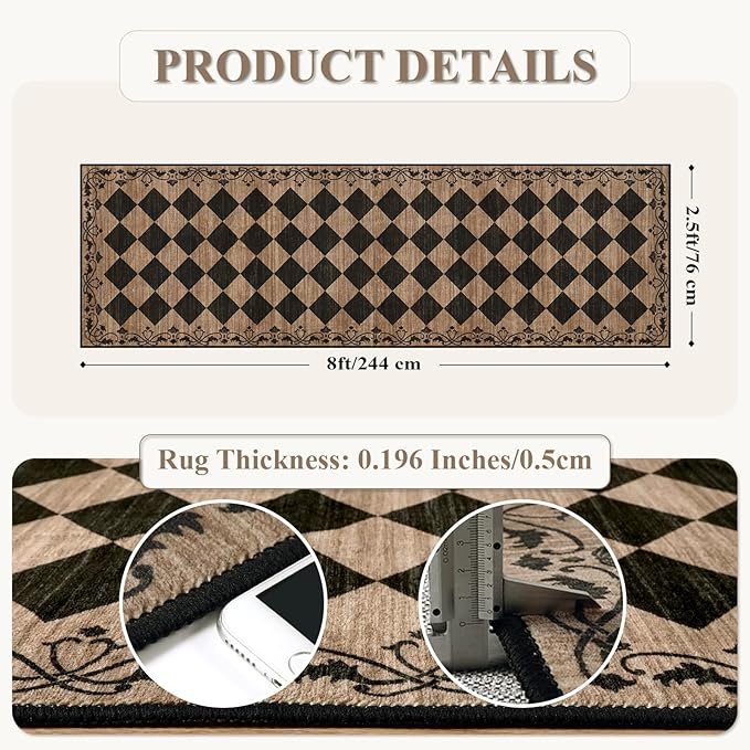 Beeiva Checkered Hallway Runner Rug 2.5x8 Vintage Kitchen Runner Rugs Non Skid Washable 8ft, Stain Resistant Ultra Thin Entryway Decor Framhouse Fall Diamond Carpet for Bathroom Besides (Brown/Black)