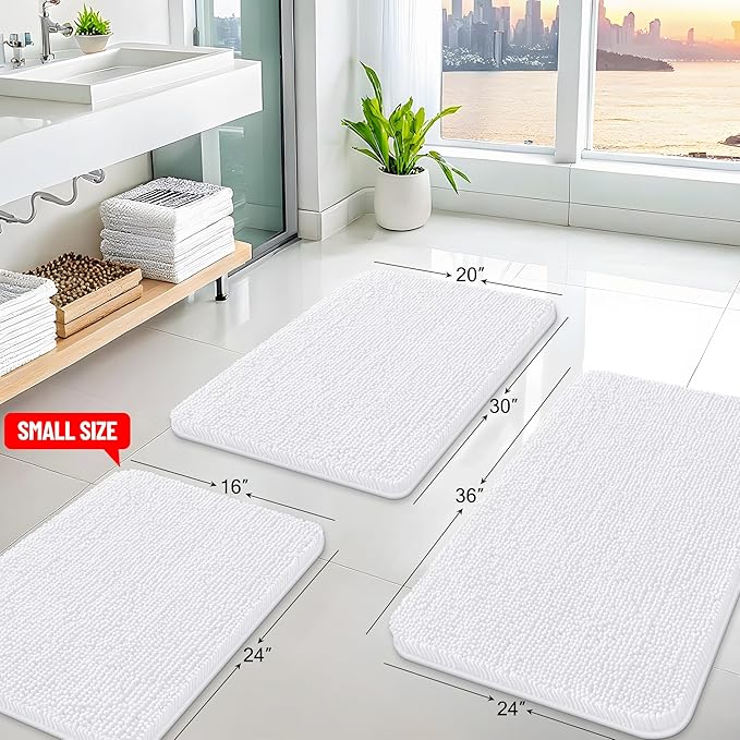Arotive Bathroom Rugs 34x21, Extra Soft Absorbent Shaggy Chenille Bath Rugs, Machine Washable Rubber Backing Non-Slip Bath Mats for Bathroom Floor Tub and Shower, Home Decor Accessories, White