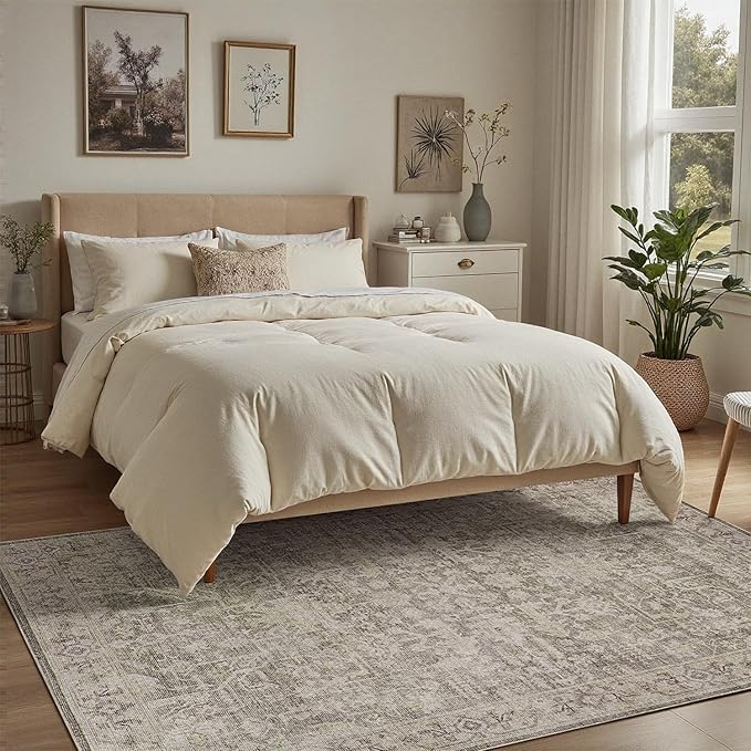 DCX Living Room Rugs 5x7, Non Slip Area Rugs for Bedroom, Dining Room, Home Office, Farmhouse Distressed Stain Resistant Rugs Low Pile Soft Large Vintage Carpet, Greige& Dark Green