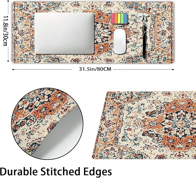 Vintage Rug Gaming Mouse Pad XL Orange Teal Retro Carpet Aesthetic Extended Large Mat Bohemian Boho Mousepad Desk Pad Non-Slip Rubber Base Stitched Edge Flower Keyboard Pad for Computer,31.5×11.8 in