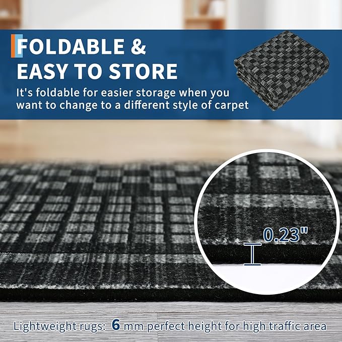 Washable Area Rugs 5x7 Rug for Living Room Modern Large Area Rug for Bedroom Aesthetic Non Slip Throw Rugs Soft Faux Wool Low Pile Stain Resistant Carpet for Dining Room Office Rug 5'x7' Black