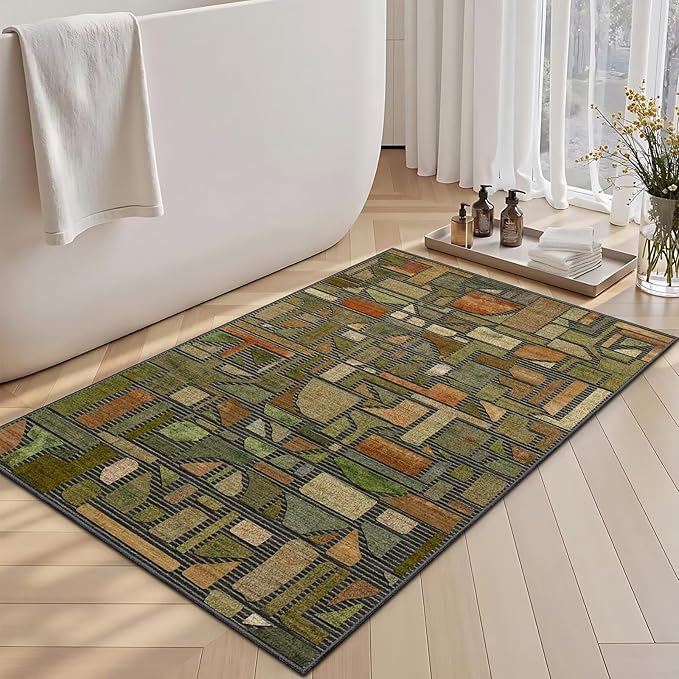 DEXDE Entryway Area Rugs 2x3 Vintage, Non Slip Washable Low Pile Throw Checkered Rug Modern Abstract Door Mat Indoor Soft Small Carpet for Entrance Bedroom Bathroom Laundry, Green