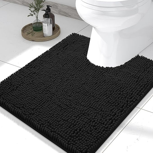 Smiry Luxury Chenille Toilet Rugs U-Shaped 24x20, Soft Absorbent Non-Slip Contour Bathroom Rugs for Toilet, Machine Washable Contoured Bath Mats, Black