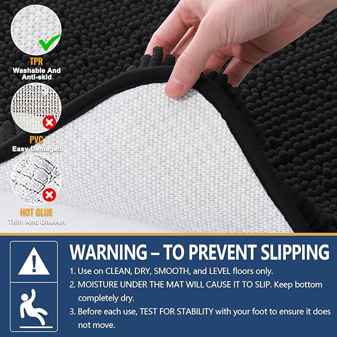 Arotive Bathroom Rugs 47x17, Extra Soft Absorbent Shaggy Chenille Bath Rugs, Machine Washable Rubber Backing Non-Slip Bath Mats for Bathroom Floor Tub and Shower, Home Decor Accessories, Black
