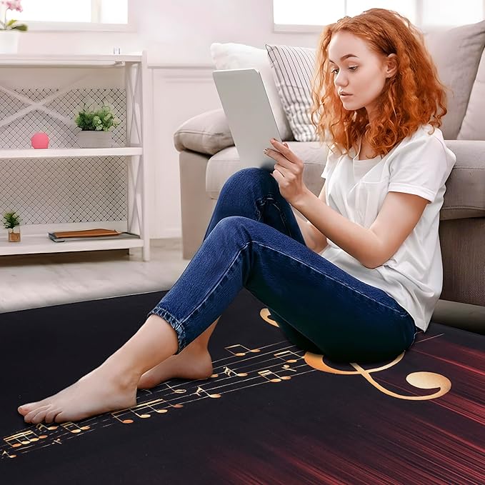 5.3Ft x 6.6Ft Drum Mat Drum Carpet Tightly Woven Fabric with Non-Slip Grip Bottom Drum Rug for Bedroom, Studio, Apartment, Soundproof, Roll of 35 Square Feet (Yellow Musical Note)