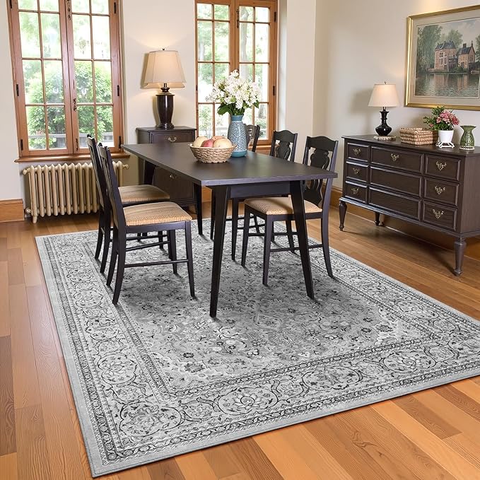 4x6 Grey Washable Boho Area Rug for Bedroom, Vintage Floral Non Slip Living Room Rugs, Soft Low Pile Indoor Mat, Aesthetic Pattern Carpet for Kitchen, Dining Room and Bedside