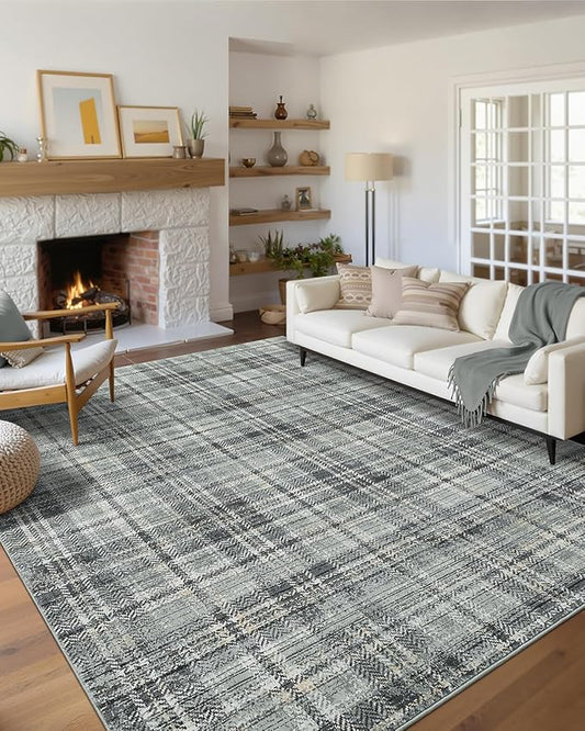 Washable Plaid Rug - Modern Farmhouse Green 6'x9' Non Slip Stain Resistant Carpet for Living Room, Bedroom, Dining Room, Office, Nursery