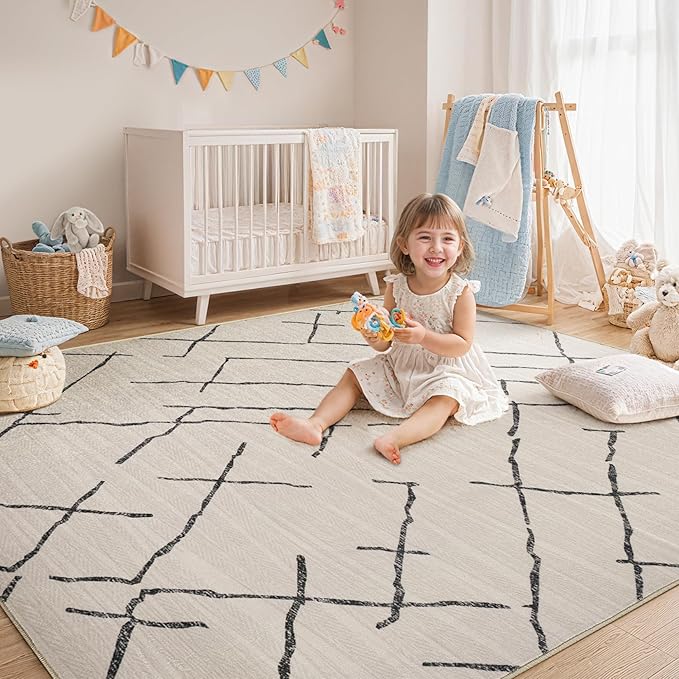 Area Rug Living Room Rugs - 5X7 Washable Boho Farmhouse Bohemian Neutral Large Moroccan Geometric Soft No Slip Indoor Thin Floor Carpet for Bedroom Under Dining Table Home Office - Beige
